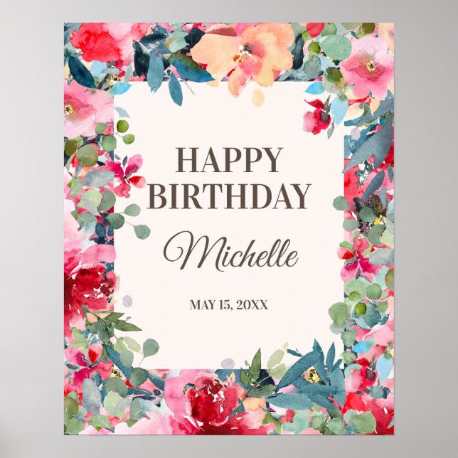 Póster Floral verde rosa Verde azulada deja feliz cumplea (Frente)