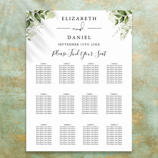 Póster Floral Verdor Elegante Cuadro de Asientos de Boda (Floral Greenery Elegant Wedding Seating Chart)