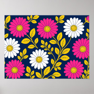 Póster Floral Vibrante con Margaritas y Hojas Doradas
