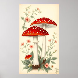 Póster Floral Vintage Fly Agarro Rojo Y Setas Blancas