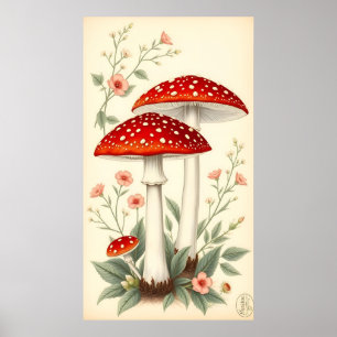 Póster Floral Vintage Fly Agarro Rojo Y Setas Blancas