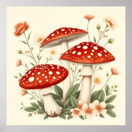 Póster Floral Vintage Fly Agarro Rojo Y Setas Blancas