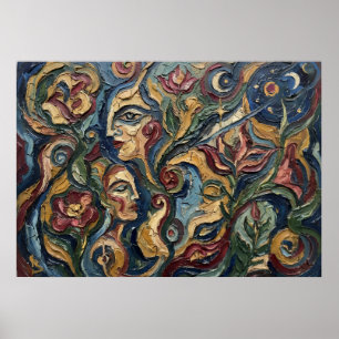 Póster floral visionario de rostros espirituales