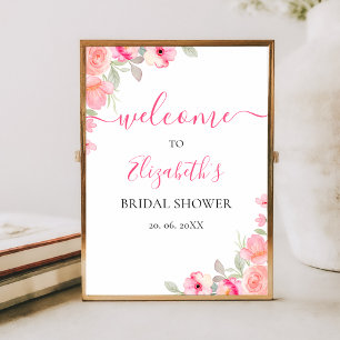 Póster Floral Watercolor Bridal Shower Pink Rose Wall
