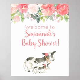 Póster Floral Watercolor Vacas Chica Rótulo Baby Shower