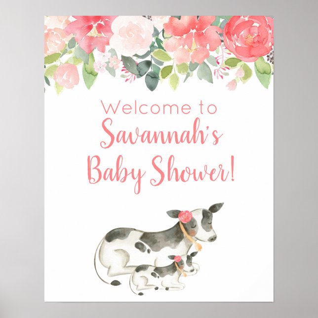 Póster Floral Watercolor Vacas Chica Rótulo Baby Shower (Frente)