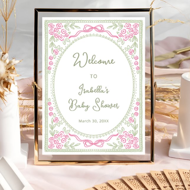 Póster Floral Wildflower Pink Green Baby Shower Welcome  (Subido por el creador)