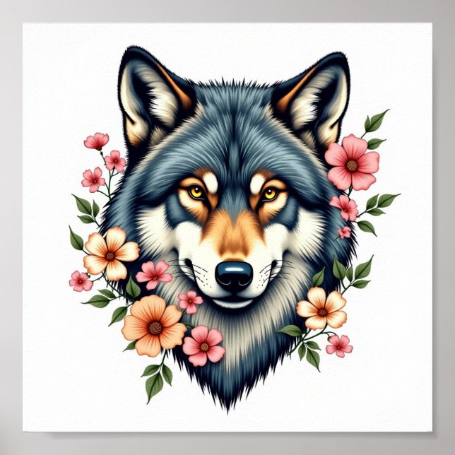 Póster Floral Wolf Vintage Wall Art descargable (Frente)