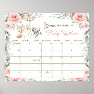 Póster Floral Woodland Animals Guess Baby's Due Date Game