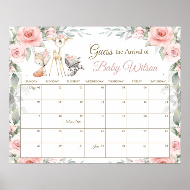 Póster Floral Woodland Animals Guess Baby's Due Date Game (Frente)