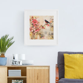 PÓSTER FLORAL Y AVE DE VINTAJE