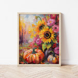 Póster Floral y calabazas de otoño coloridas<br><div class="desc">Una pintura abstracta vibrante y moderna que muestra un juego de calabazas, girasoles y otros follajes otoñales. Los ricos tonos otoñales como el naranja quemado, los rojos profundos, los rosa y los amarillos dorados se mezclan con las brochas suaves y los toques de color audaces. El estilo abstracto añade un...</div>