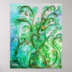 PÓSTER FLORALES CAPRICHOSOS,REMOLINOS AZULES VERDES CON C