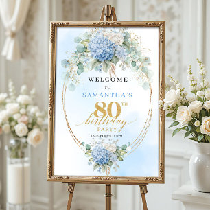 Póster Florales de acuarela azul polvoriento dorado cumpl