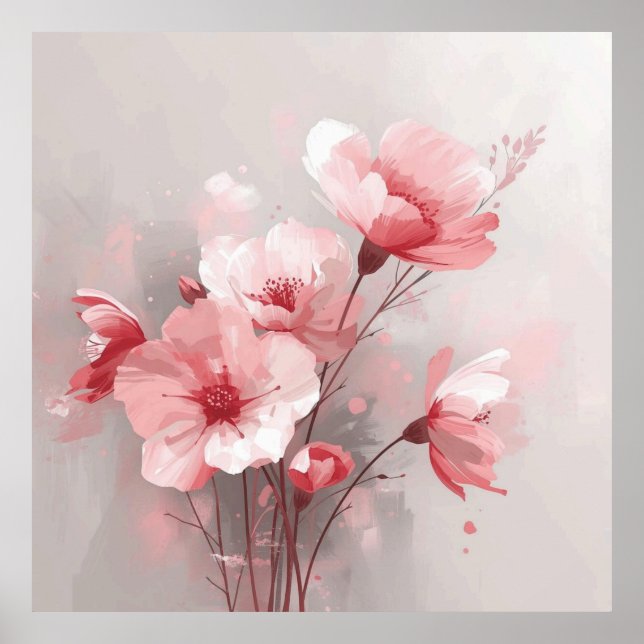 Póster Florales Rosa, Blanco y Gris (Frente)