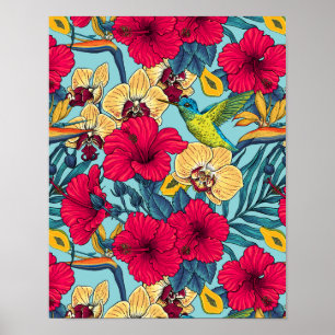 Póster Florales Tropicales y Colibrí - Botanica de Verano