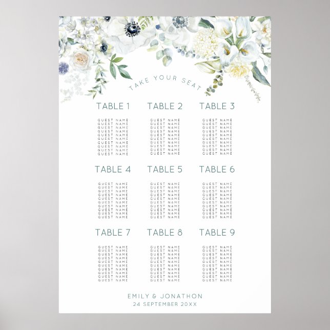 Póster Florals Eucalyptus 9 Tables 90 Guest Seating Chart (Frente)