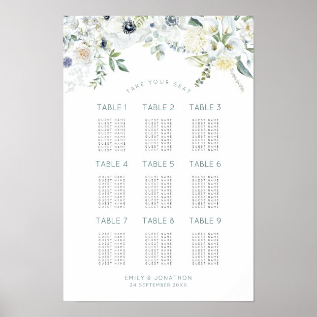 Póster Florals Eucalyptus 9 Tables 90 Guest Seating Chart (Frente)