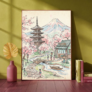 Póster Flore de Cerezo Japonés Monte Fuji Acuarela Tierra