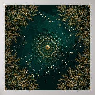 Póster Floreado ornamentado verde y dorado 