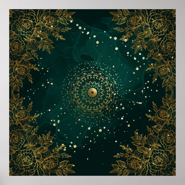 Póster Floreado ornamentado verde y dorado  (Frente)