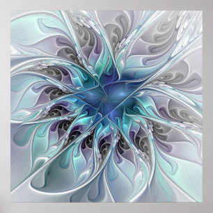 Póster Florecer Abstracto Moderno Floral Fractal Con Azul