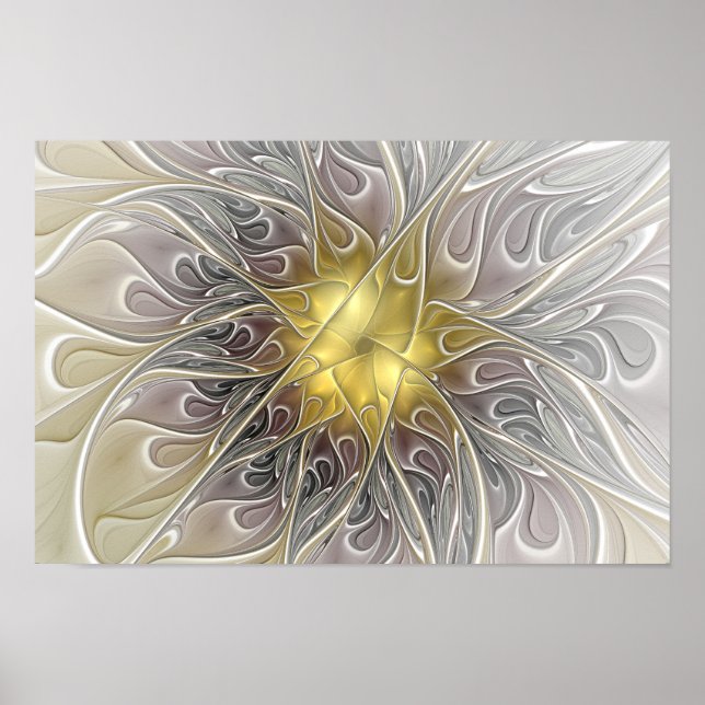Póster Florecer con flor fractal abstracta moderna dorada (Frente)