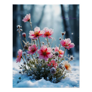 Póster Florecer Invernal – Cosmos Rosas en la Nieve