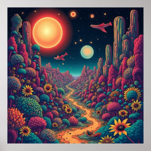 Póster Florecimiento Cósmico: Un Viaje Surrealista a Trav