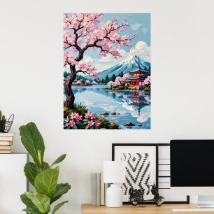 Póster Florecimiento de cerezos en el lago Pagoda