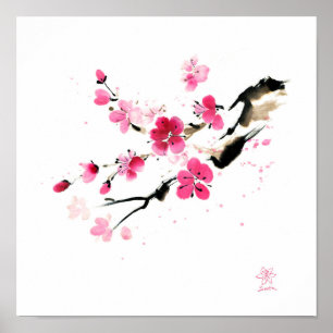 Póster Florecimiento de Sakura. Pintura