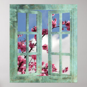 Póster Florecimiento del cerezo en la ventana
