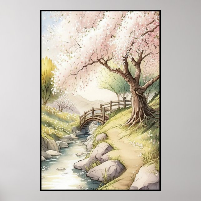 Póster Florecimiento rústico de cerezos en el paisaje de  (Frente)