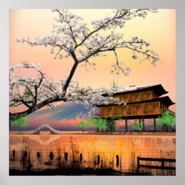 Póster Florecimiento tranquilo: Atardecer sobre un lago j