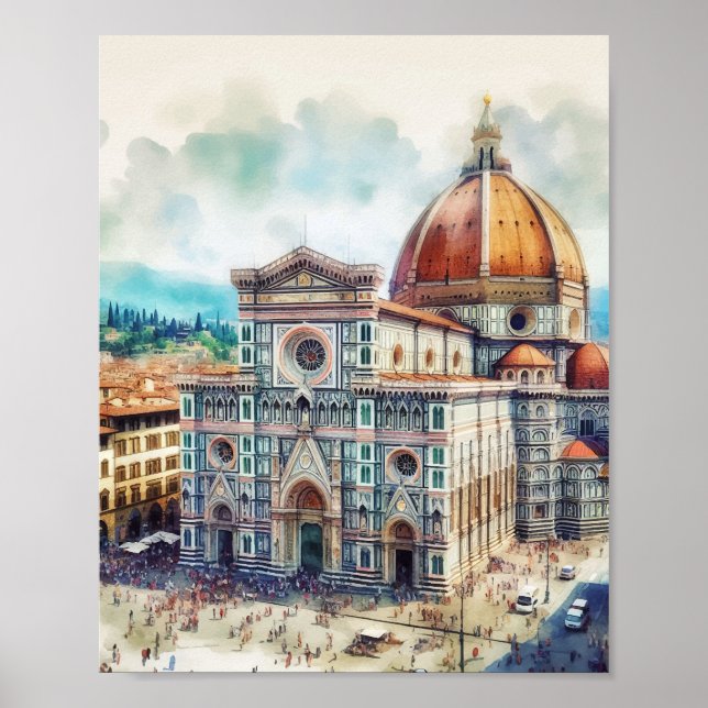 Póster Florence Duomo Italy Watercolor Art (Frente)