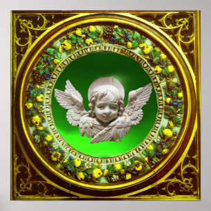 PÓSTER FLORENTINA RENACIMIENTO ANGEL VERDE FLORAL CORONA