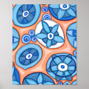 Póster Flores abstractas azules y Naranjas Pintura origin