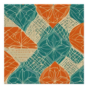 Póster Flores abstractas de color azul verdoso, naranja y