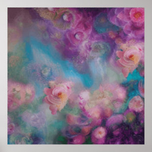 Póster Flores Abstractas De Fantasía En Rosa Y Púrpura