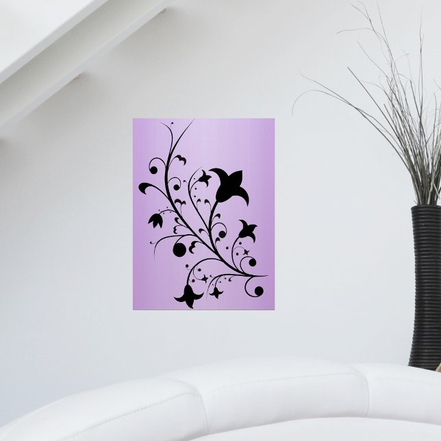 Póster Flores abstractas de pergamino Silueta negra Morad (Black silhouette abstract flowers on dainty stem on pretty purple art wall poster.)