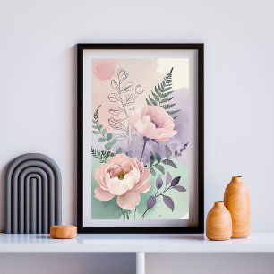 Póster Flores abstractas en pastel   Pared botánica moder