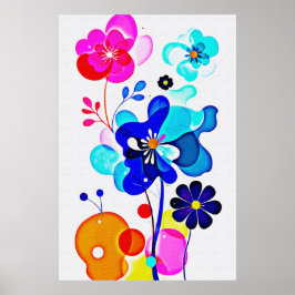 Póster Flores abstractas fluidas de cian magenta vibrante
