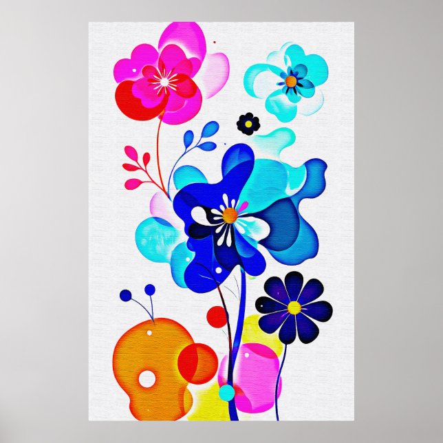 Póster Flores abstractas fluidas de cian magenta vibrante (Frente)