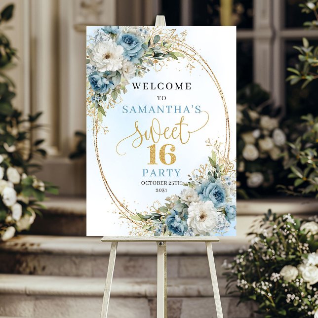 Póster Flores acuarela azul pastel brillo dorado dulce (Pastel blue watercolor florals gold glitter sweet sixteen

)