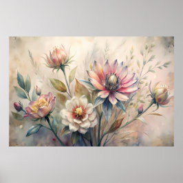 Póster Flores Acuarela de Pradera Botánica Rústica