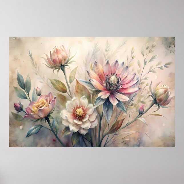 Póster Flores Acuarela de Pradera Botánica Rústica (Frente)