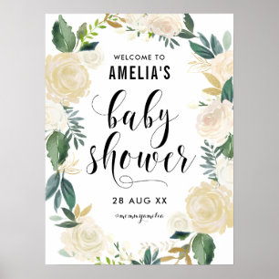 Póster Flores acuarelas con Baby Shower Purpurina dorado