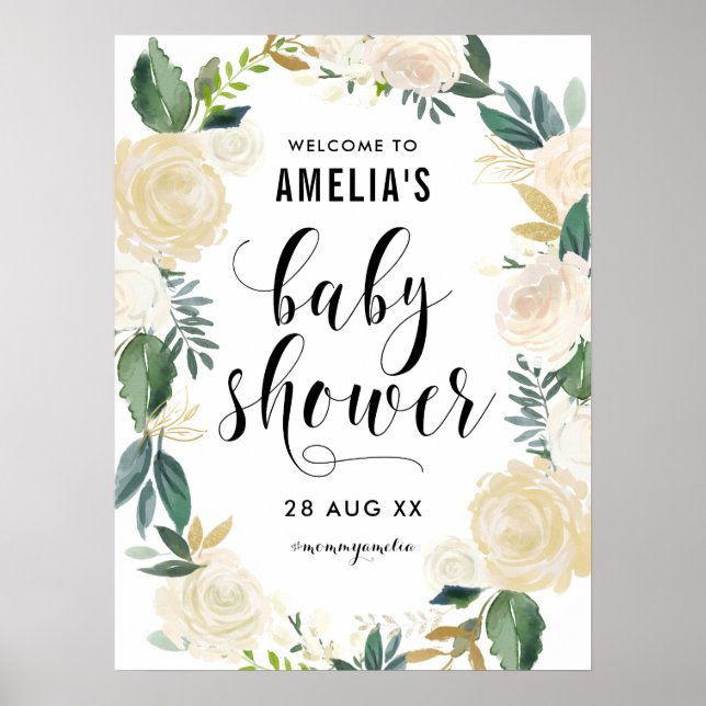 Póster Flores acuarelas con Baby Shower Purpurina dorado (Frente)