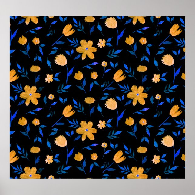 Póster Flores acuarelas dibujadas a mano y patrón de hoja (Frente)