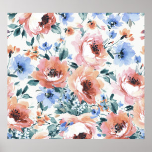 Póster Flores acuarelas, ilustracion sin costura.